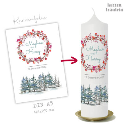 Design Hochzeitskerze "Winterhochzeit" auf Kerzengröße 25x7 cm